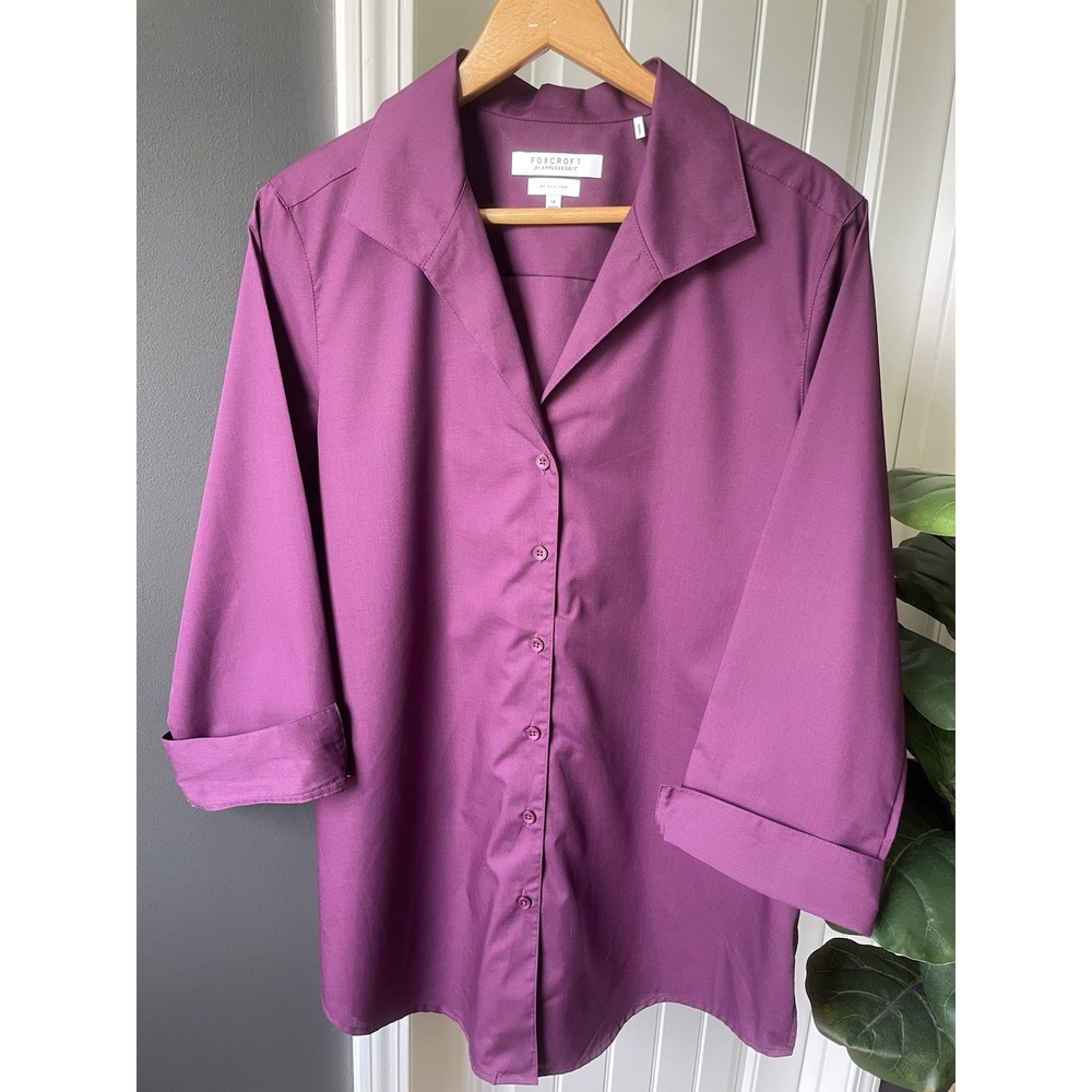 Foxcroft for Appleseeds Blouse Plum Purple No Iron 3/4 Sleeve Size 14 Shaped